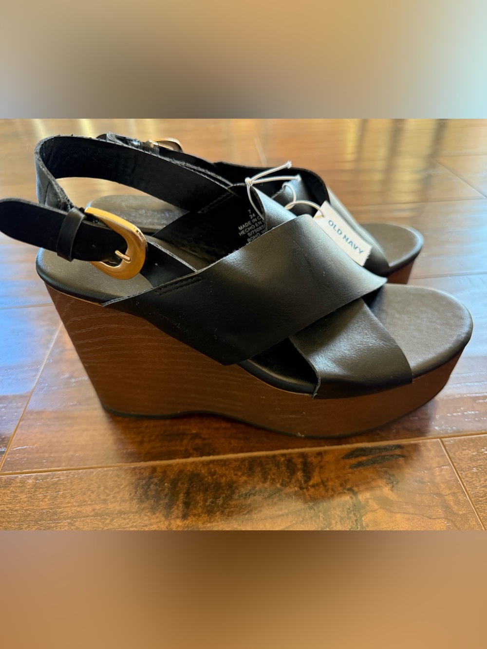 Old Navy Black Platform Wedge Sandals with Gold Accent